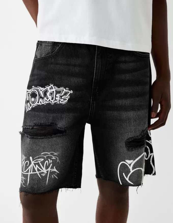 Printed denim Bermuda shorts