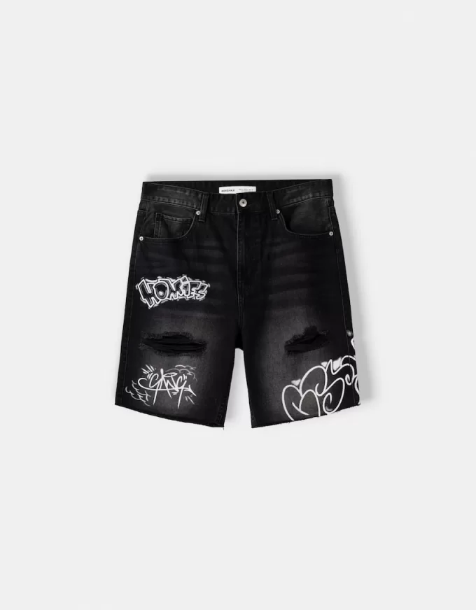 Printed denim Bermuda shorts