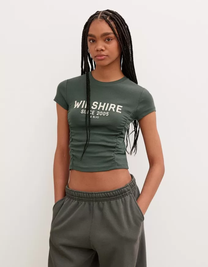 Printed short sleeve T-shirt with gathering