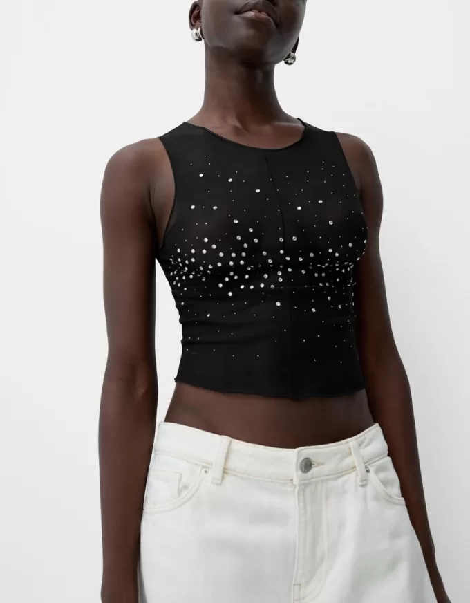 Sleeveless rhinestone tulle T-shirt Sleeveless rhinestone tulle T-shirt