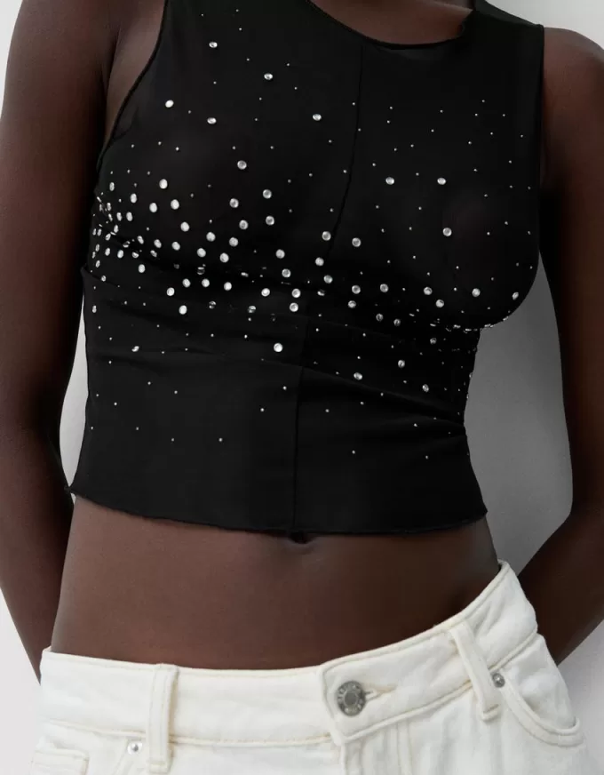 Sleeveless rhinestone tulle T-shirt Sleeveless rhinestone tulle T-shirt