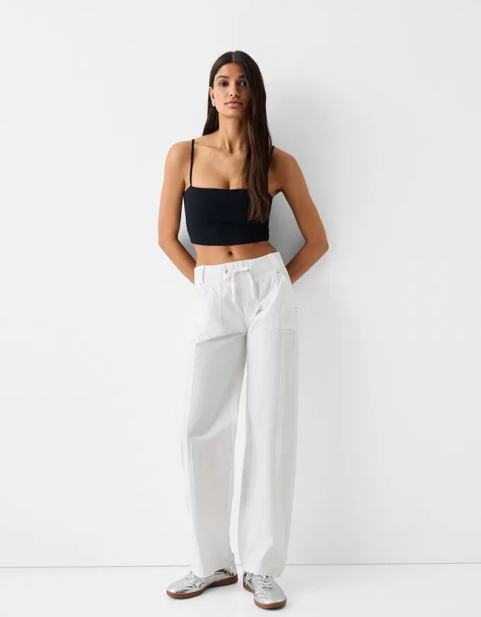Straight fit cotton pants with ribbed waist Straight fit cotton pants with ribbed waist