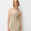 Twill midi dress with straps and seam details Twill midi dress with straps and seam details