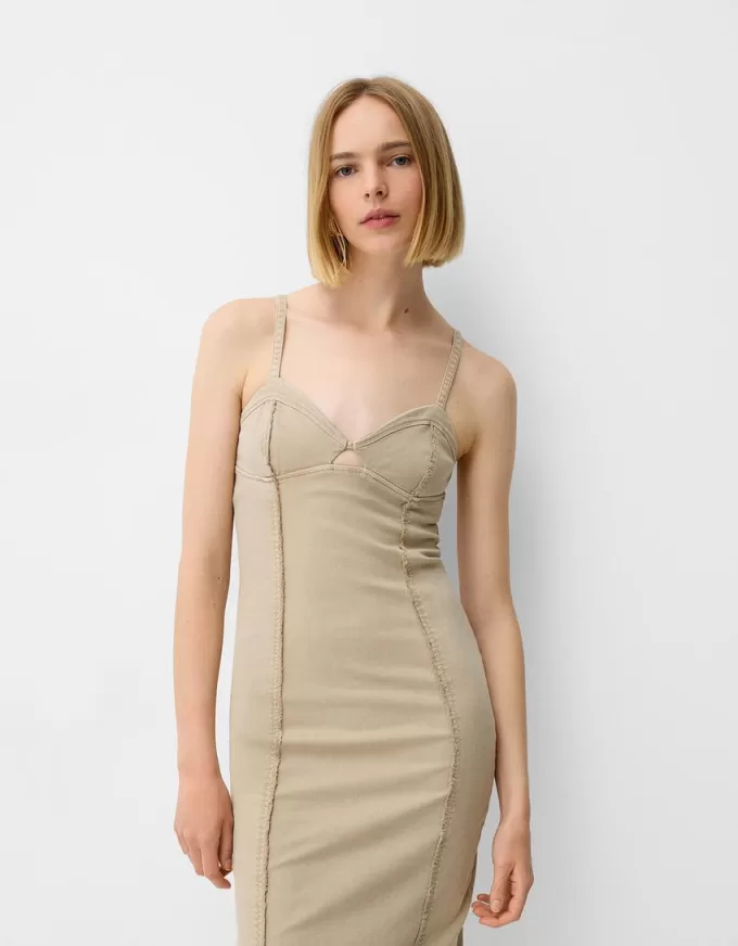 Twill midi dress with straps and seam details Twill midi dress with straps and seam details