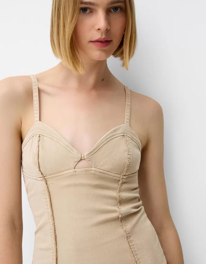 Twill midi dress with straps and seam details Twill midi dress with straps and seam details