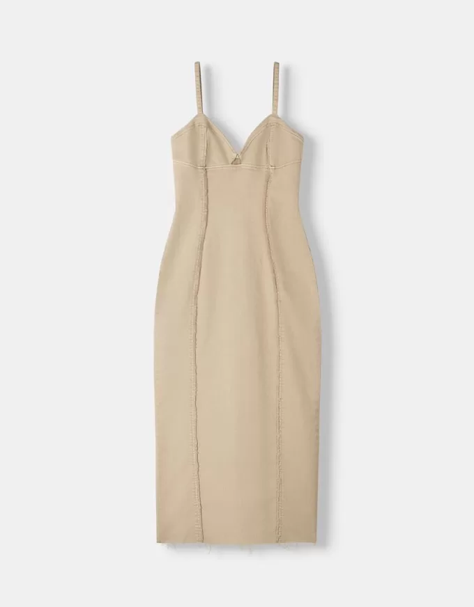Twill midi dress with straps and seam details Twill midi dress with straps and seam details