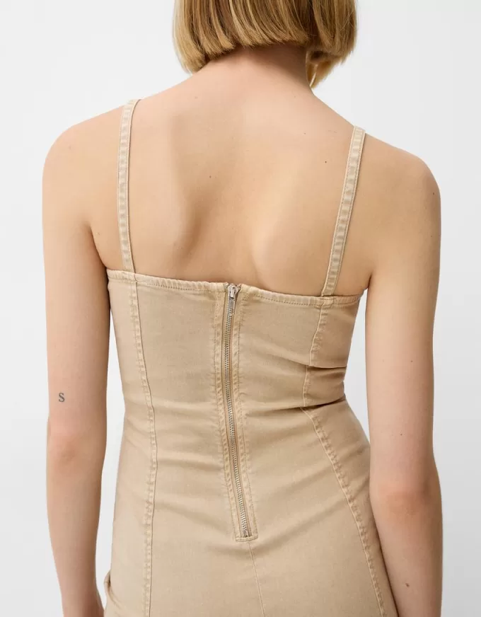 Twill midi dress with straps and seam details Twill midi dress with straps and seam details