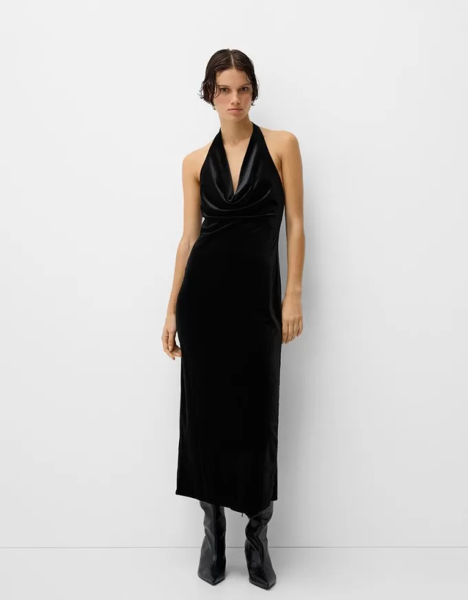 Velvet halter neck midi dress