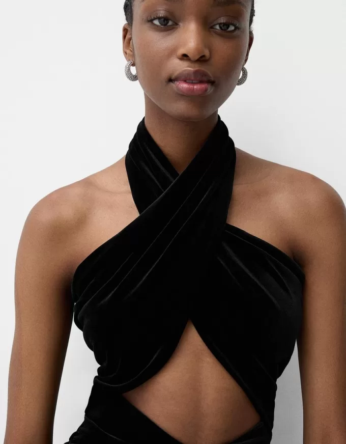 Velvet halter neck midi dress