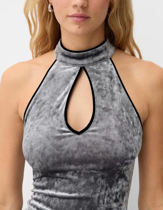 Velvet midi dress with teardrop neckline