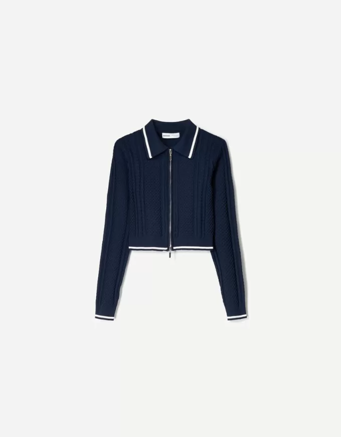 Zip-up jacket with cable-knit polo collar Zip-up jacket with cable-knit polo collar
